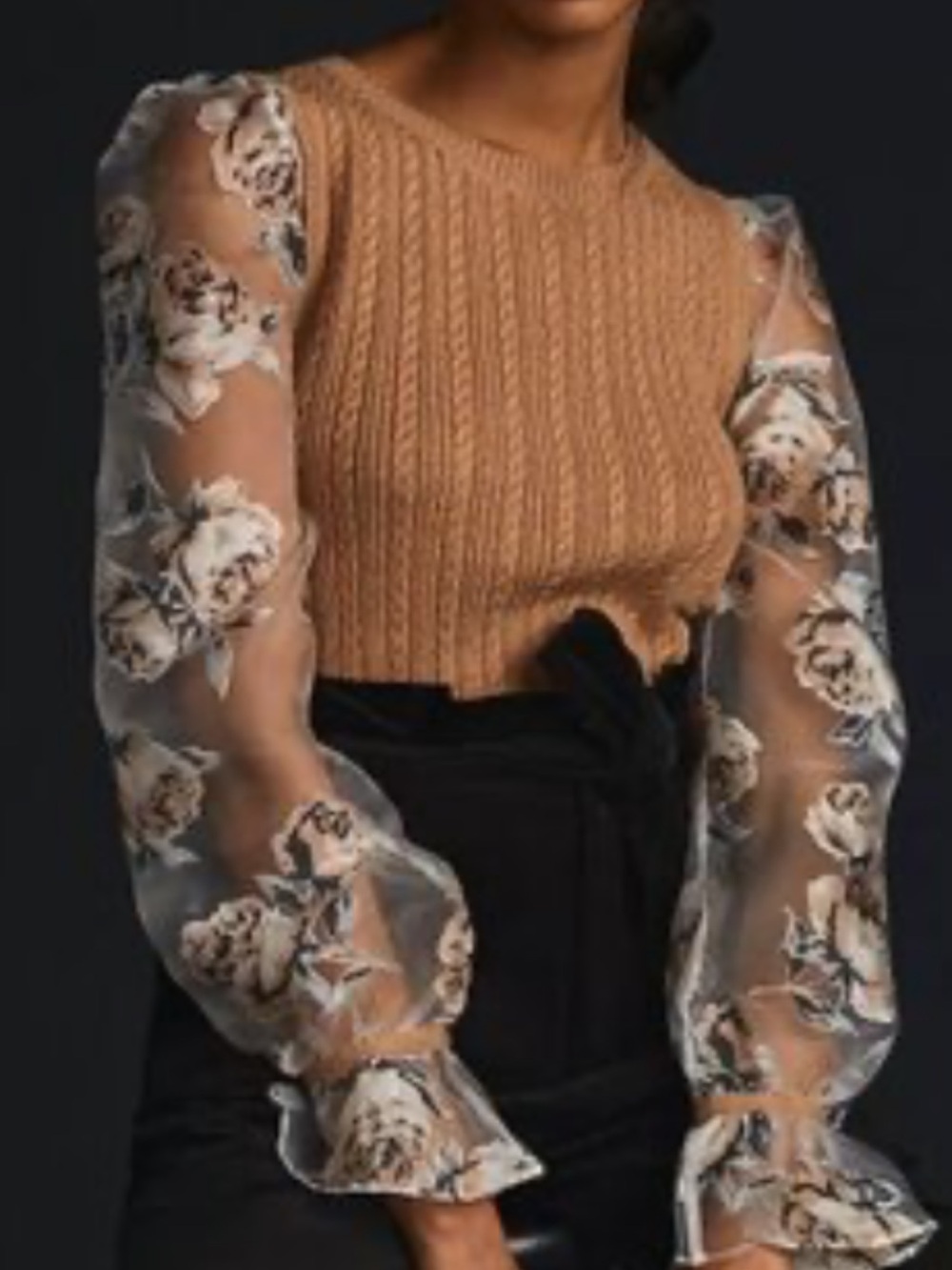 Maeve Anthropology Cable Knit Tank with Floral Organza Sleeves